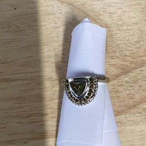 Silver-Tone Green Accent Triangle Ring